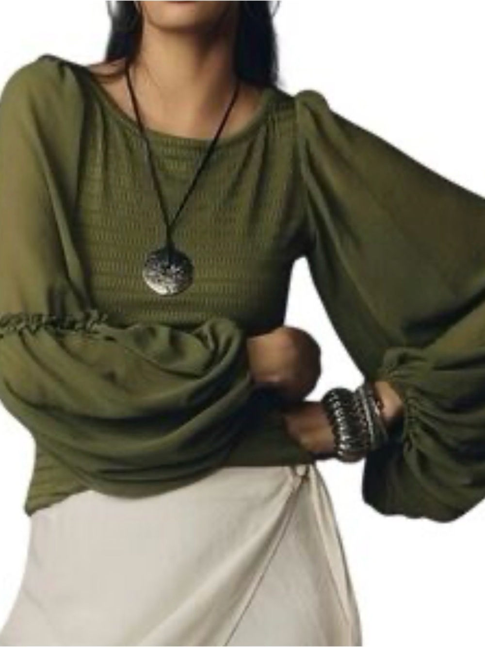 Anthropologie Olive Green Balloon Sleeve Blouse
